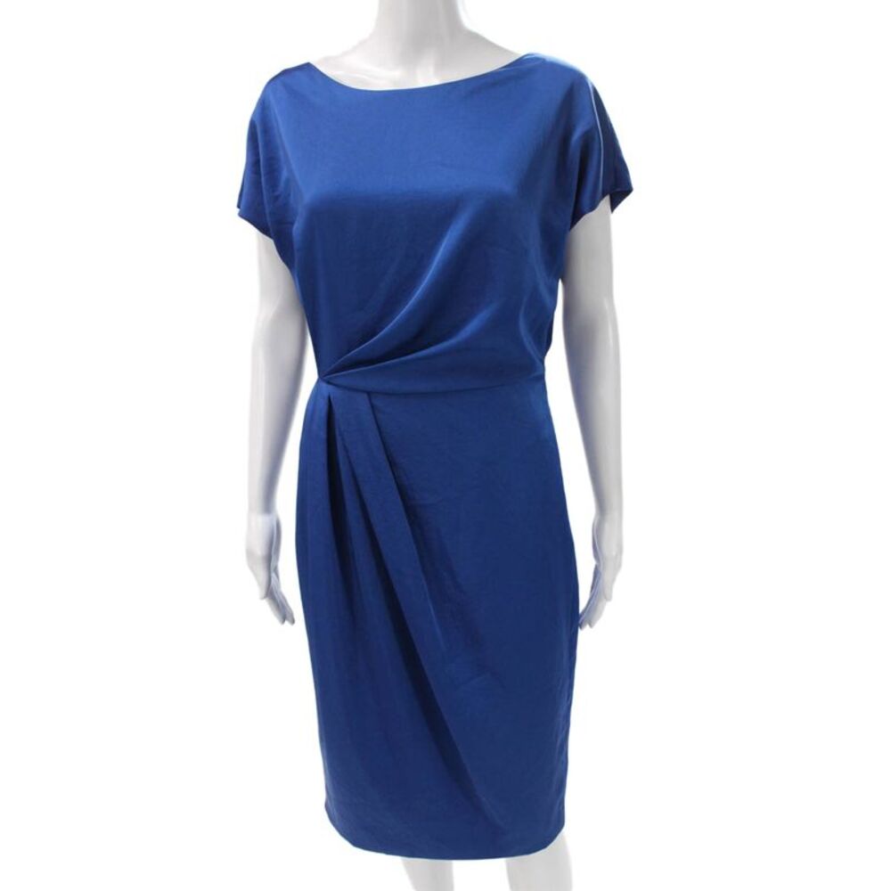 MM. La Fleur Womens Sheath Dress Blue Satin Boat Neck Short Sleeve Size 4